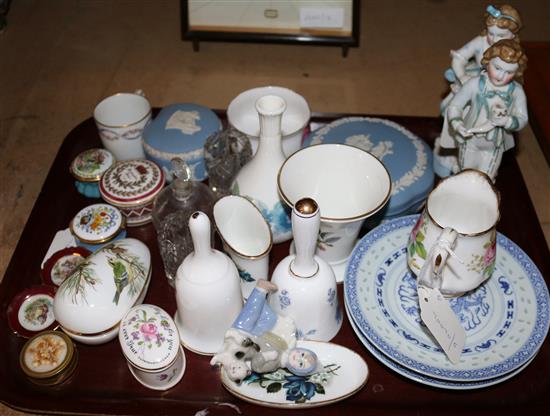 Collection of small decorative ceramics and glass, enamel trinket boxes, figurines, etc.
